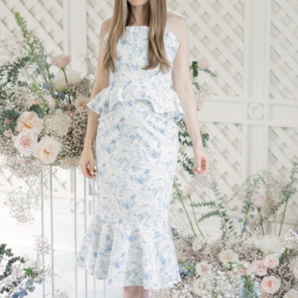 ANTONIO MELANI Strapless Floral Dress in Blue and White